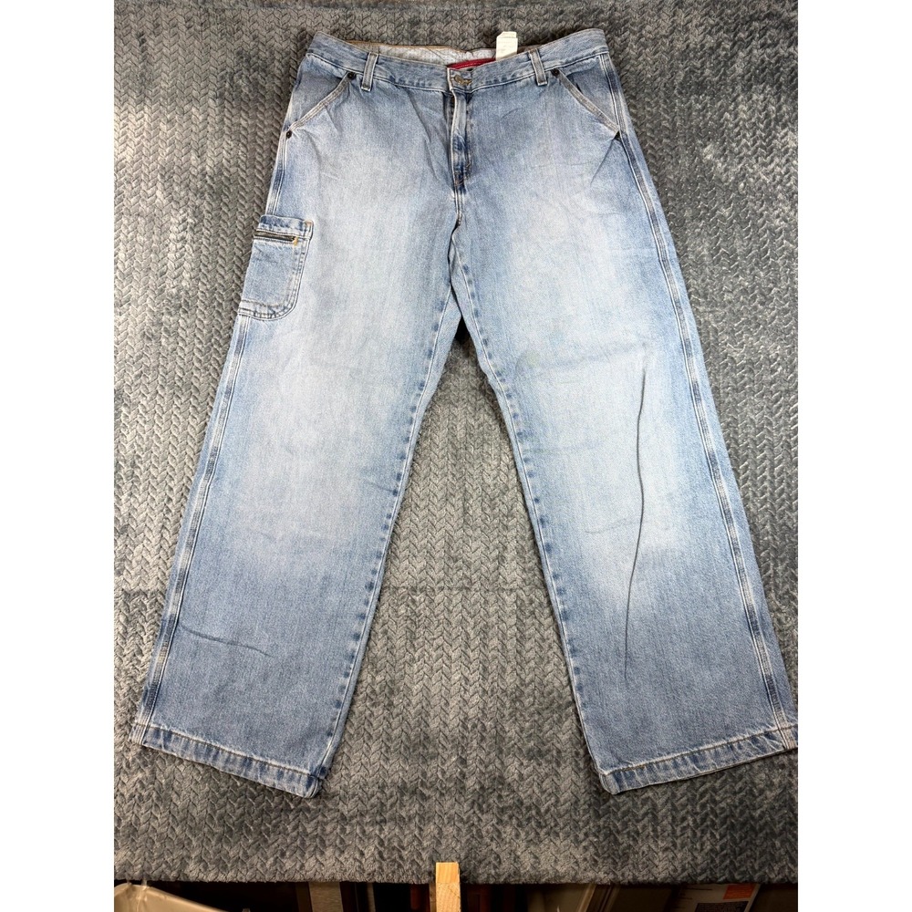 Levi's Cargo Jeans Mens 35 Blue Denim Medium Wash Frayed Hem Straight Leg Hiking